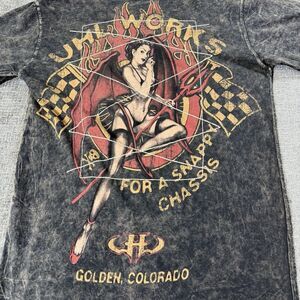 Uhl Studios‎ T-Shirt Sz M Devil Racing Motorcycle Women Black Embroidered Y2K